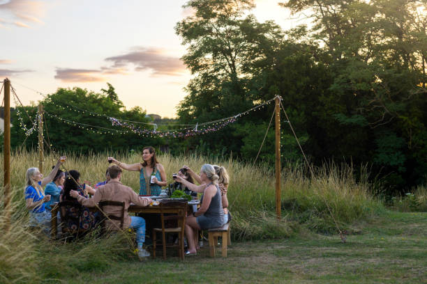 Cheers Everyone, Good Health. An image of a group of friends sitting at a laden dining table out in a field on a summers evening, they are toasting each other. There is tall grass behind them. big family table stock pictures, royalty-free photos & images