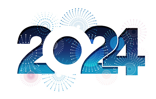 The Year 2024 New Year’s Greeting Symbol Logo Decorated With Fireworks. Vector Illustration Isolated On A White Background.