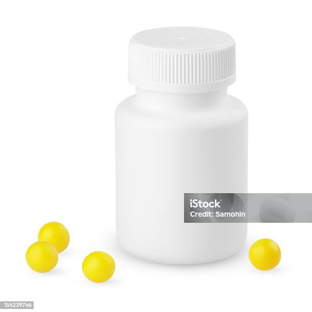 Frasco De Plástico Com Vitaminas Amarelo - Fotografias de stock e mais imagens de Amarelo - Amarelo, Antibiótico, Branco