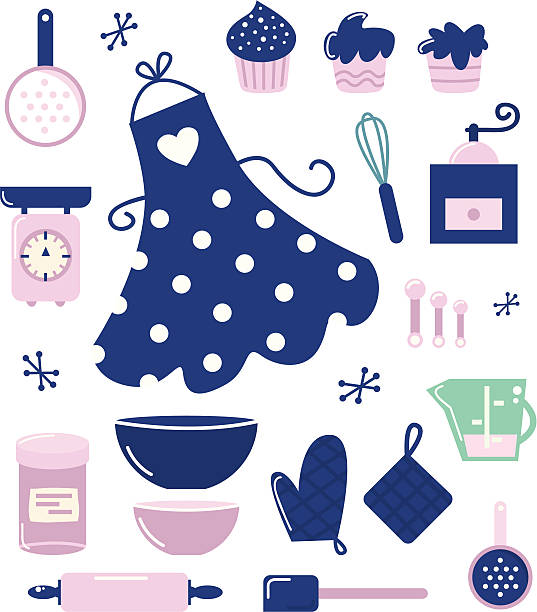 ilustrações, clipart, desenhos animados e ícones de ícones ou acessórios para dona de casa isolada no branco " - personal accessory apron bakery cake