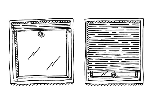 Hand-drawn vector drawing of a Window Open And Closed Jalousie. Black-and-White sketch on a transparent background (.eps-file). Included files are EPS (v10) and Hi-Res JPG.