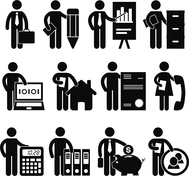 ilustraciones, imágenes clip art, dibujos animados e iconos de stock de gente de oficina pictograma de trabajo de los empleados - receptionist office silhouette business