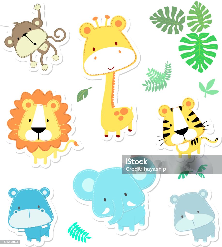 vector cute safari animals vector cartoon illustration of seven baby animals and jungle leaves, individual objects very easy to edit, ideal for childs decoration Cute stock vector