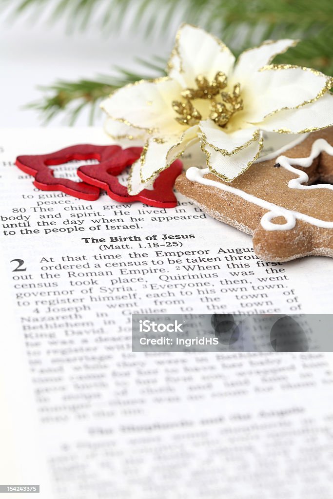 Christmas story Open Bible with selective focus on text in Lucas 2 about Jesus' birth.  Advent Stock Photo