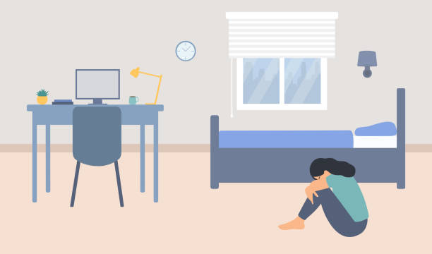 illustrations, cliparts, dessins animés et icônes de vue latérale d’une jeune fille solitaire assise par terre dans une chambre d’adolescent. concept de dépression et d’anxiété - sans espoir