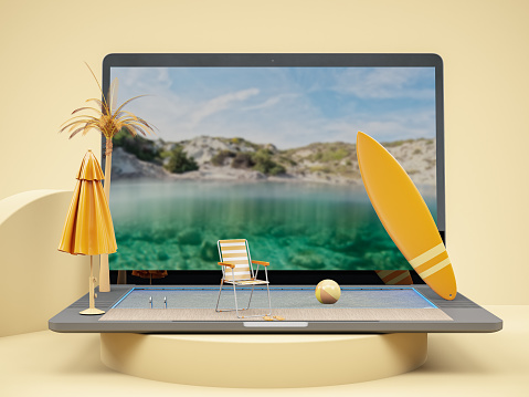 Minimal Summer Vacation on a Laptop. 3D Render

Image on the Screen: https://www.istockphoto.com/photo/half-underwater-half-skyline-view-above-and-below-water-surface-gm1511115983-523906127