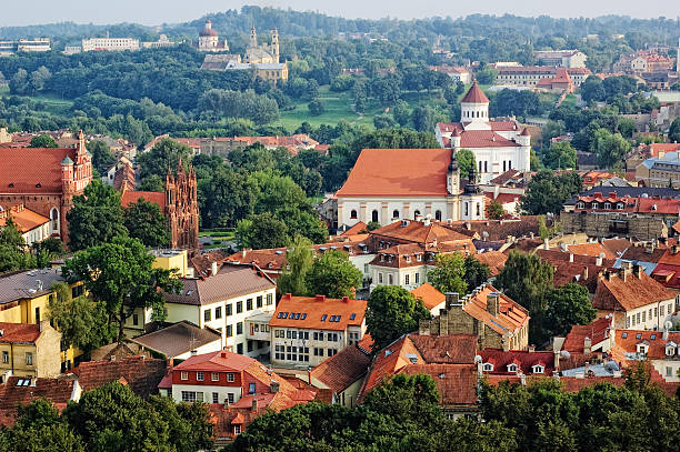 View of Vilnius old town, Lithuania Bird's eye view of Vilnius old town from Gediminas' Tower, Lithuania lithuania stock pictures, royalty-free photos & images