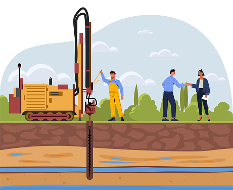 People drilling wells concept. Geological excavations. Well, liquid pump. Water supply system. Structure of soil and ground. Poster or banner for website. Cartoon flat vector illustration