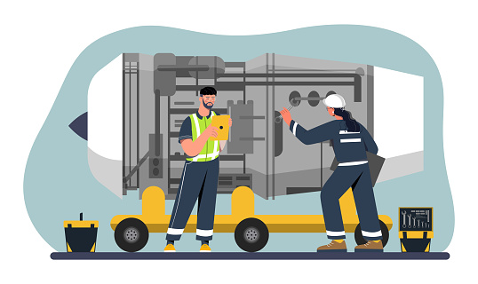 Aviation engineers with engine concept. Men designing airplane or rocket. Engineer planning with mechanician maintenance jet. Technicians checking turbine. Cartoon flat vector illustration