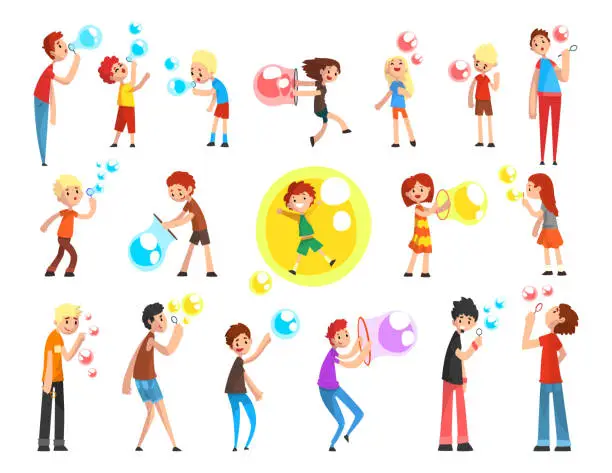 Vector illustration of Kids blowing and playing soap bubbles set cartoon vector illustration