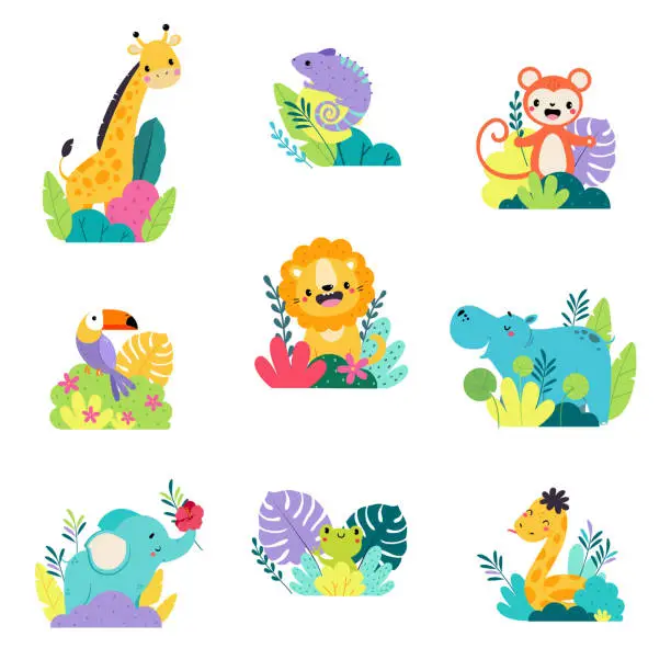 Vector illustration of Cute African animals in bushes set. Adorable toucan, giraffe, chameleon, lion, hippopotamus, elephant, frog, snake on nature cartoon vector illustration