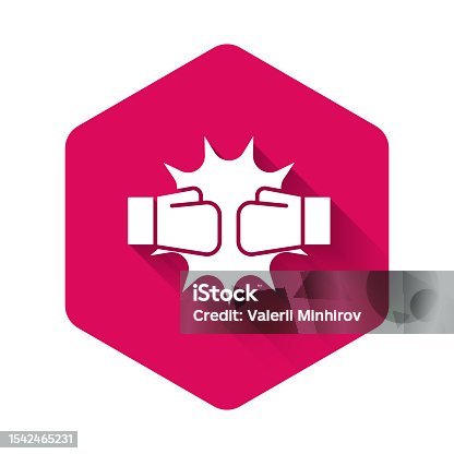istock White Punch in boxing gloves icon isolated with long shadow background. Boxing gloves hitting together with explosive. Pink hexagon button. Vector 1542465231