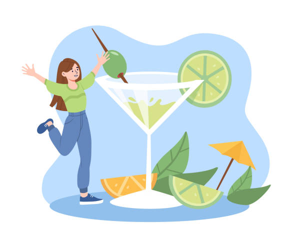 ilustrações, clipart, desenhos animados e ícones de menina quer beber conceito de vetor de coquetel - alcohol drop cartoon cheerful