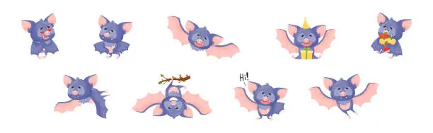 Vector illustration of Funny Purple Bat Character Engaged in Different Activity Vector Set