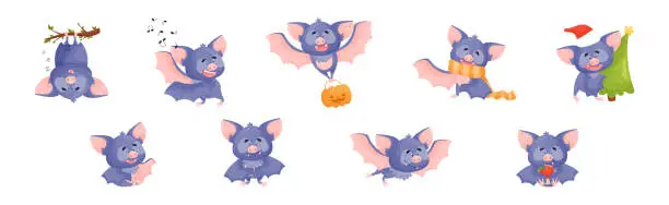 Vector illustration of Funny Purple Bat Character Engaged in Different Activity Vector Set