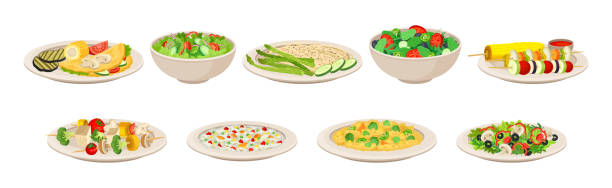 ilustraciones, imágenes clip art, dibujos animados e iconos de stock de plato vegano y plato principal con verduras servidas en plato vector set - salad course