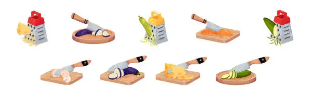 Vector illustration of Grater and Cutting Board with Knife Chopping Vegetable Vector Set