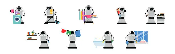 Vector illustration of Domestic Robot for Automation Household Help Housekeeping Vector Set