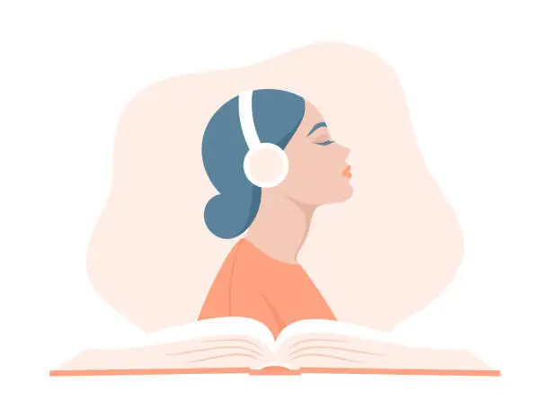Vector illustration of A woman listening to an audiobook. Side portrait of a young woman in headphones over an open book. Flat vector illustration