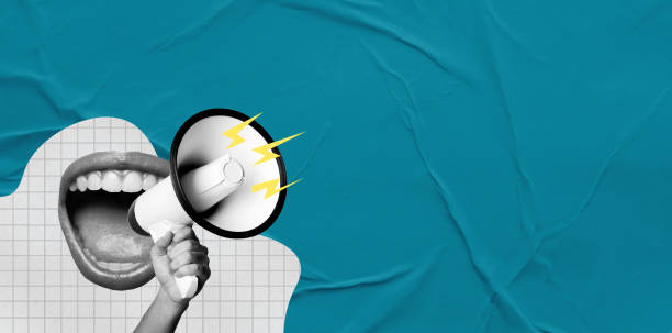 istock Human hand with a megaphone and a female open mouth on blue background. 1542519443