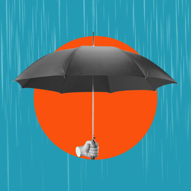 istock Art collage, hand with umbrella on blue background with copy spaces. 1542519965