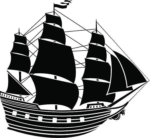 Black and white stencil illustration of sailing vessel vector art illustration