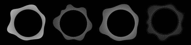 Set of white rings of short thin rays with wavy silhouettes isolated on black background. Circular frames. Set of white rings of short thin rays with wavy silhouettes isolated on black background. Circular frames. Radial black concentric particles. Sound waves. Infographic elements. Vector illustration. sound wave stock illustrations