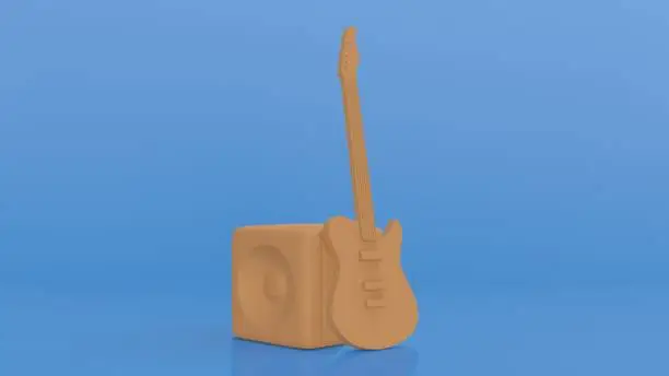 Photo of Guitar and combo amp, speaker, headphone on a colored background. 3d render
