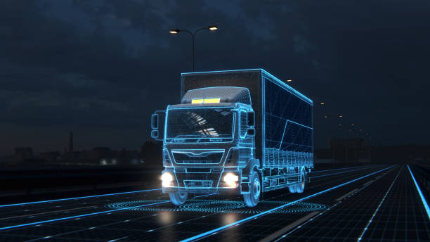 Technology Concept 3d render. Autonomic futuristic Euro semi truck with Cargo Trailer Drives at Night on Road with Sensors Scanning Surrounding. Special Effects of Self Driving Digitalizing Freeway concepto de tecnología. semirremolque europeo futurista autónomo con remolque de carga conduce por la noche en carretera con sensores que escanean los alrededores. efectos especiales de la autopista digitalizadora de la conducción autónoma