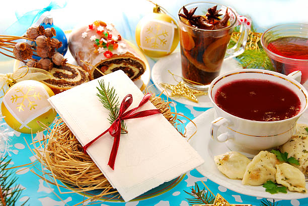 istock christmas eve table with wafer and traditional dishes 154254944