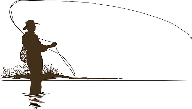 ilustraciones, imágenes clip art, dibujos animados e iconos de stock de fly fisherman silueta - pesca con mosca ilustraciones