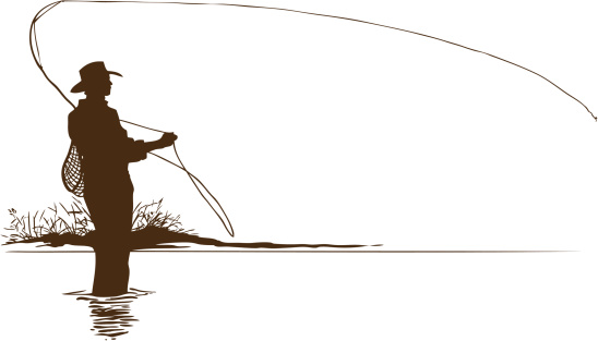 A silhouette of a fly fisherman casting in a river.