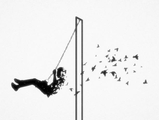 Boy on swing silhouette Dying child. Death and afterlife. Flying bird in good spirits stock illustrations