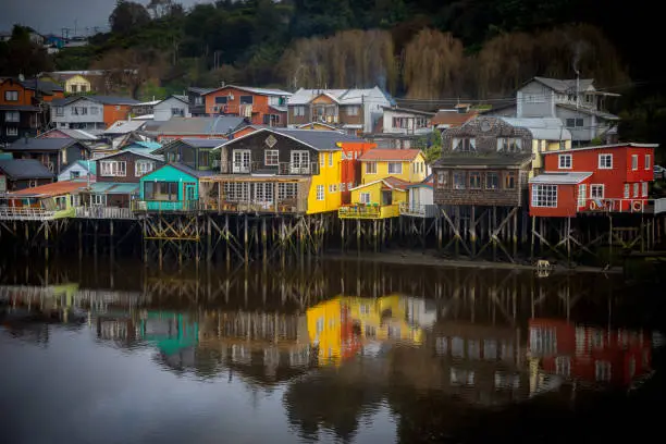 Beautiful seascape and coastline with palafitos stilt houses in Castro, Chiloé Island, Chile