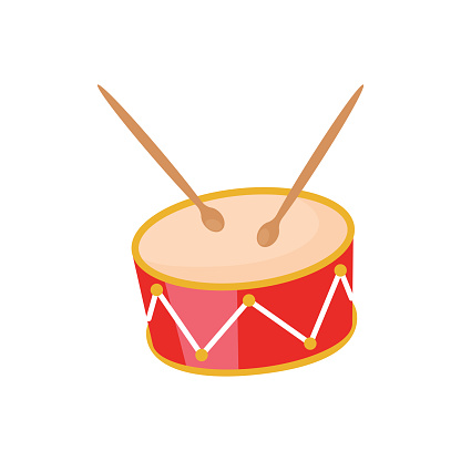 Red drum and wooden sticks. Musical drums instrument .Flat cartoon vector illustration isolated on white background