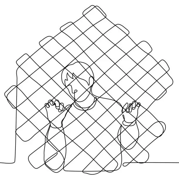 Vector illustration of man stands behind a wire grate with his fingers clinging to it and his head tilted - one line drawing. concept man behind bars or wire wall sad