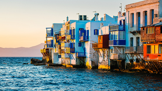 Architecture at Mykonos town (Chora), Mykonos island, Cyclades, Greece at sunset.