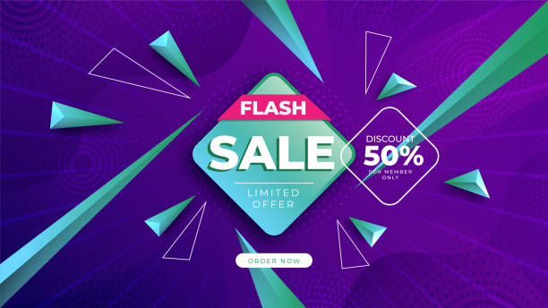 ilustrações, clipart, desenhos animados e ícones de flash sale banner desconto poster promoção modelo gradiente abstrato roxo e verde cor - stock exchange flash