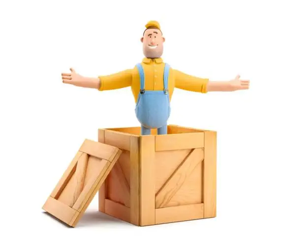 Deliveryman in overalls jumps out of a wooden box. 3d illustration. Cartoon character.