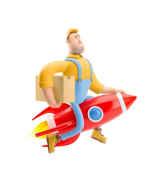 istock Courier with a parcel flies on a rocket. 3d illustration. Cartoon character. Express delivery concept. 1542566120