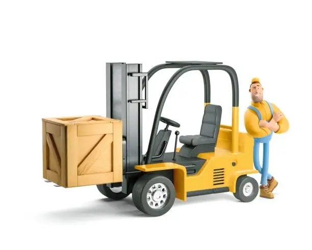 Deliveryman in overalls standing next to a forklift. 3d illustration. Cartoon character.