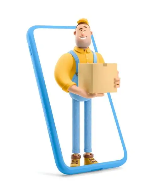Online delivery Concept. Deliveryman in overalls standing inside the phone and holds a box with a parcel. 3d illustration. Cartoon character.