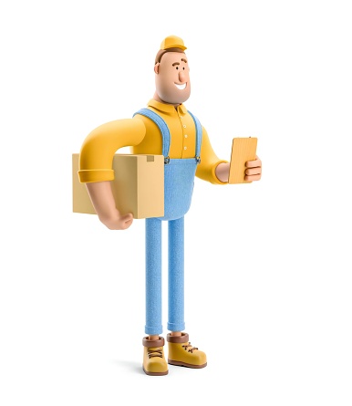 Deliveryman in overalls holds a box with a parcel and order form in his hands. 3d illustration. Cartoon character.