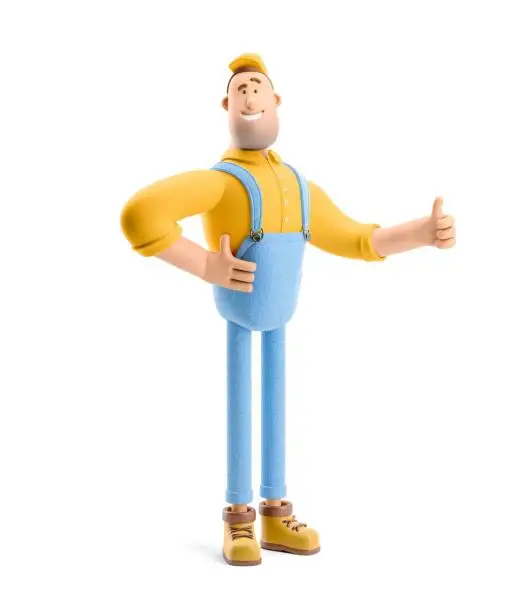 Deliveryman in overalls holds thumb up. 3d illustration. Cartoon character.