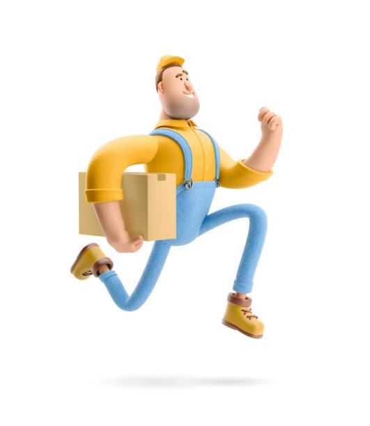 istock Delivery man runs with the package in his hands. 3d illustration. Cartoon character. Express delivery concept. 1542566219