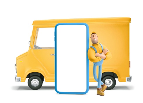 Cartoon yellow car with driver character and big phone. Truck delivery service and transportation. 3d illustration. Online delivery concept.