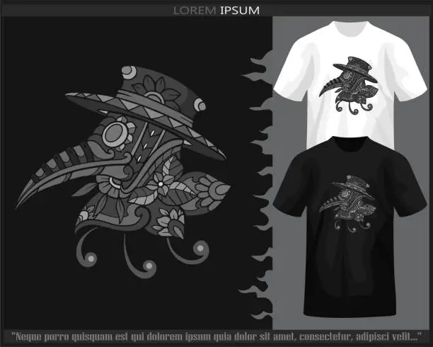 Vector illustration of Monochrome plague mandala arts isolated on black and white t shirt.