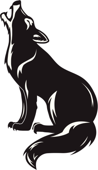 A vector illustration of a howling wolf in black and white.