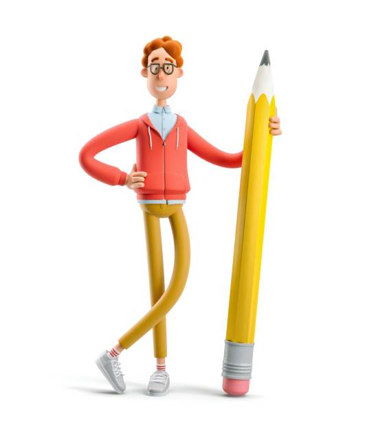 istock Concept of creativity, creative thinking, innovative idea, innovation, inspiration for artist, creator. Nerd Larry holding big pencil. 3d illustration. 1542569647