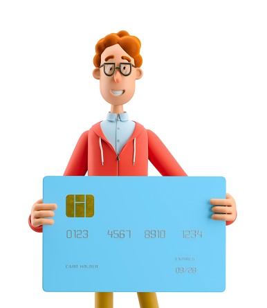 Nerd Larry with credit or debit card. 3d illustration.